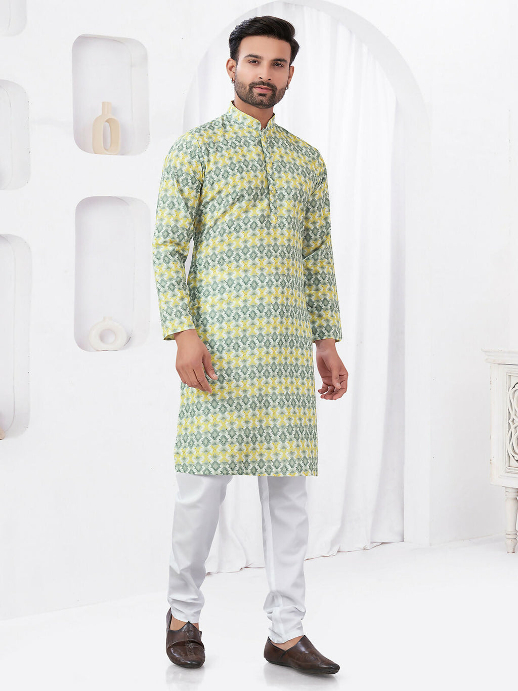 Boys Yellow Printed Rayon Cotton Kurta Pyjama Ethnic Set