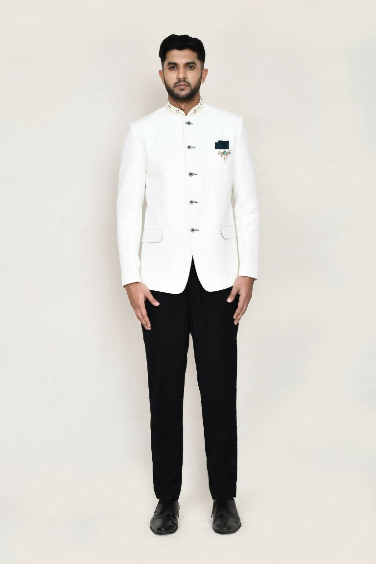 White Cotton Linen Prince Coat with Pocket Square and Pant