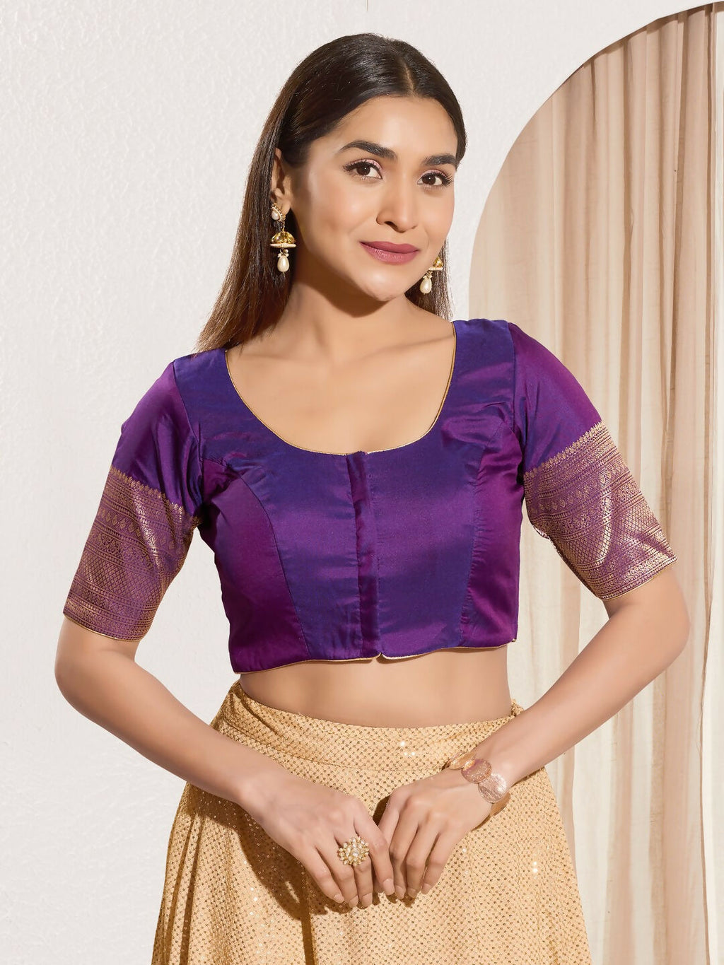 Brinjal Taffeta Silk padded blouse with round neck and elbow sleeves for women