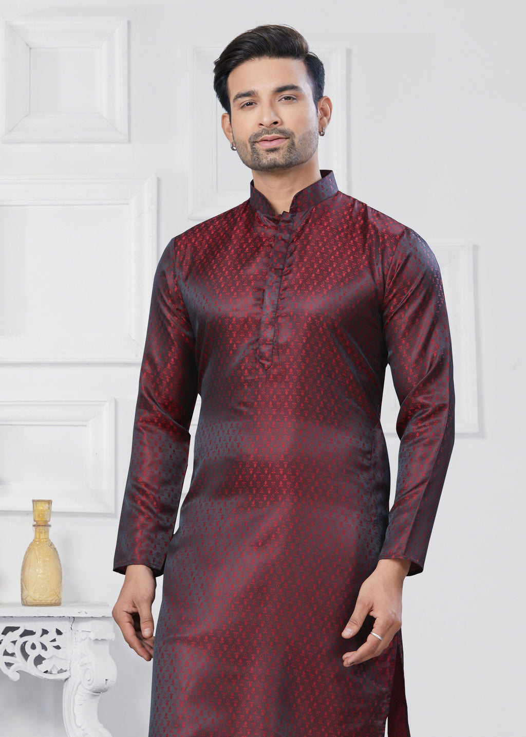 Men's Marron Jacquard Silk Kurta Pyjama Set - Traditional Ethnic