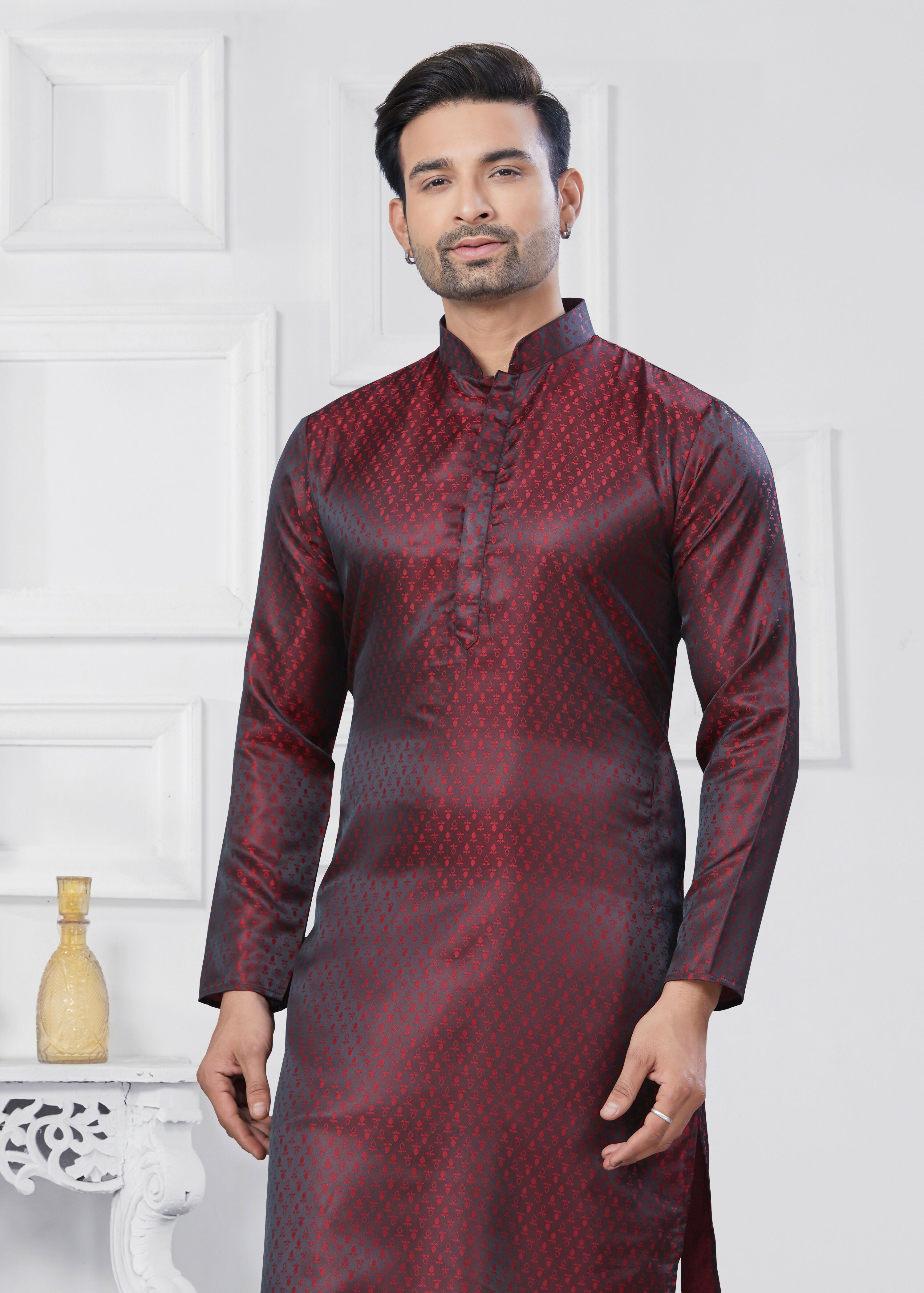 Men's Marron Jacquard Silk Kurta Pyjama Set - Traditional Ethnic