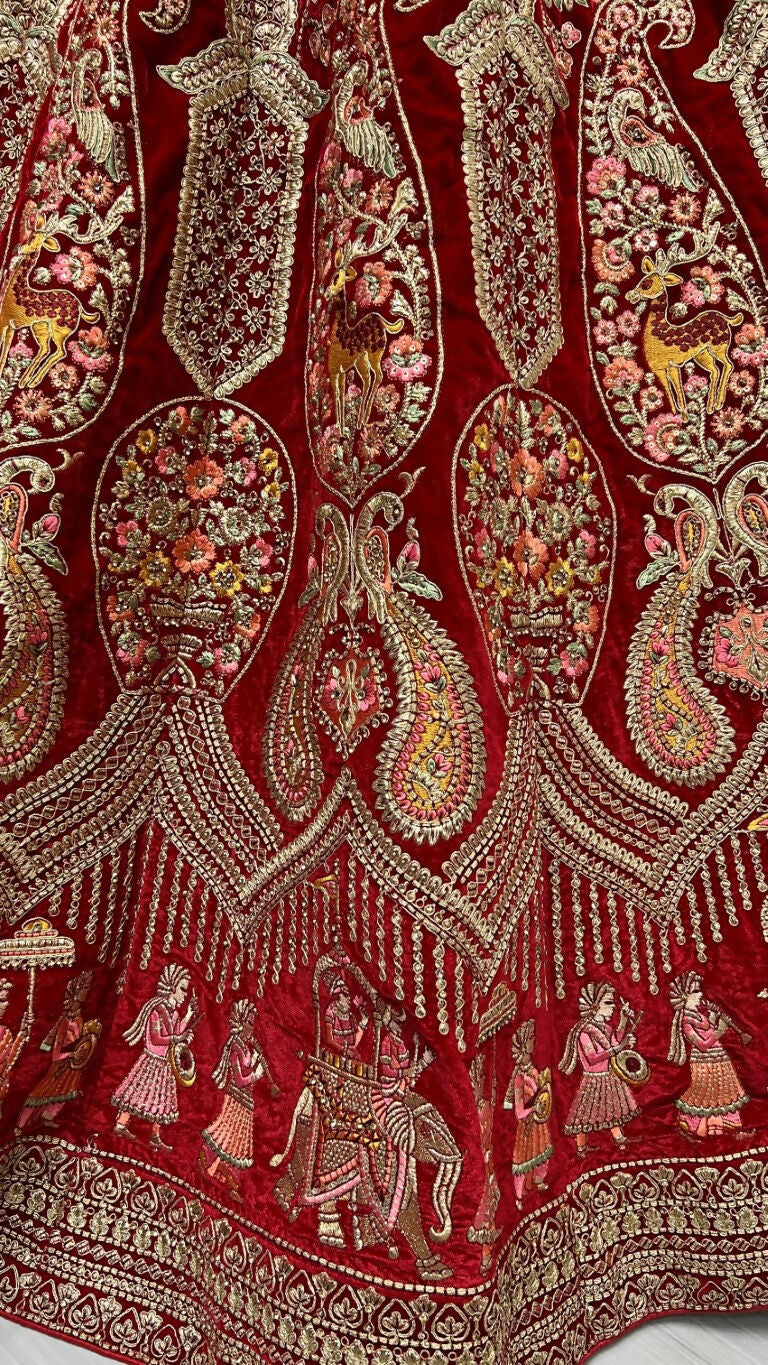 Red Velvet Wedding Lehenga Choli with Multi Thread & Zircon Diamonds