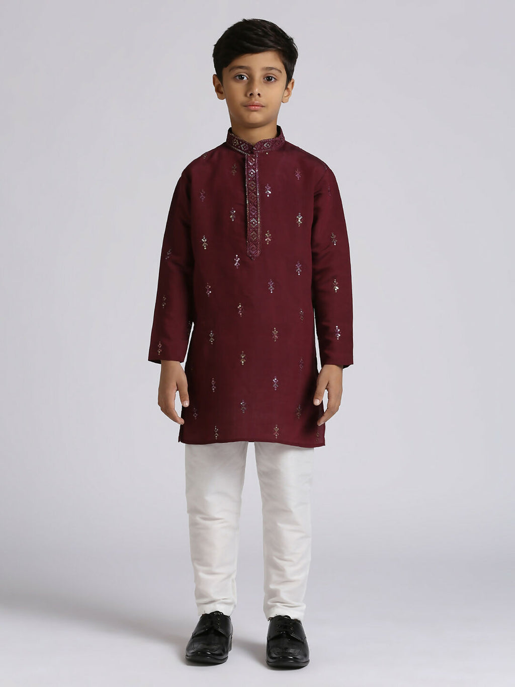 Boys Wine Silk Kurta and Pyjama Set with Sequence Embroidery