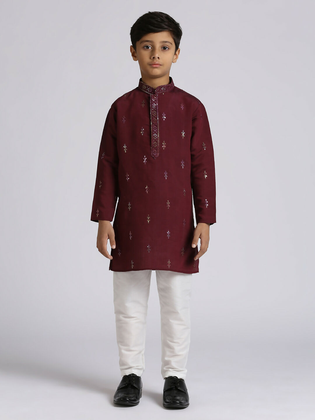 Boys Wine Silk Kurta and Pyjama Set with Sequence Embroidery