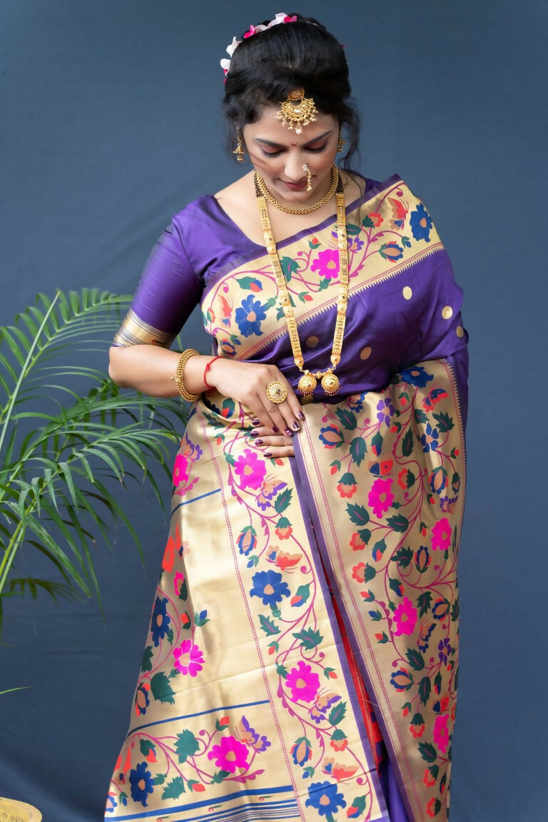 Women's Purple Paithani Silk Saree with Zari Woven Border & Blouse