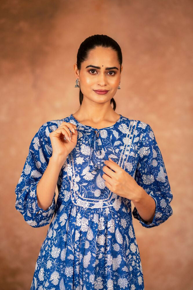Blue Floral Hand Block Printed Cotton Kurta and Pant Set