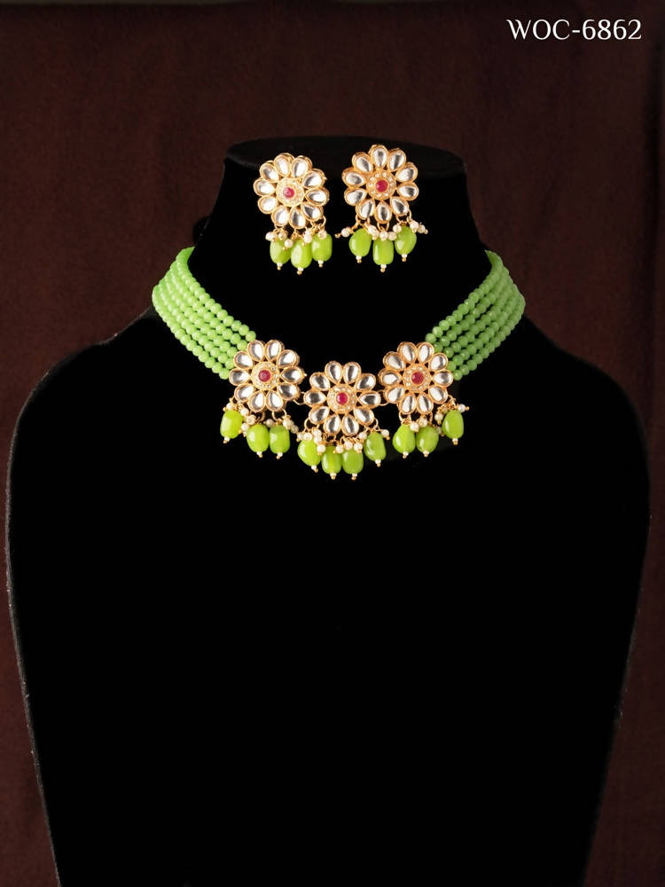 Johar Kamal Pista Beads and Pearl Gold-Polished Jewellery Set