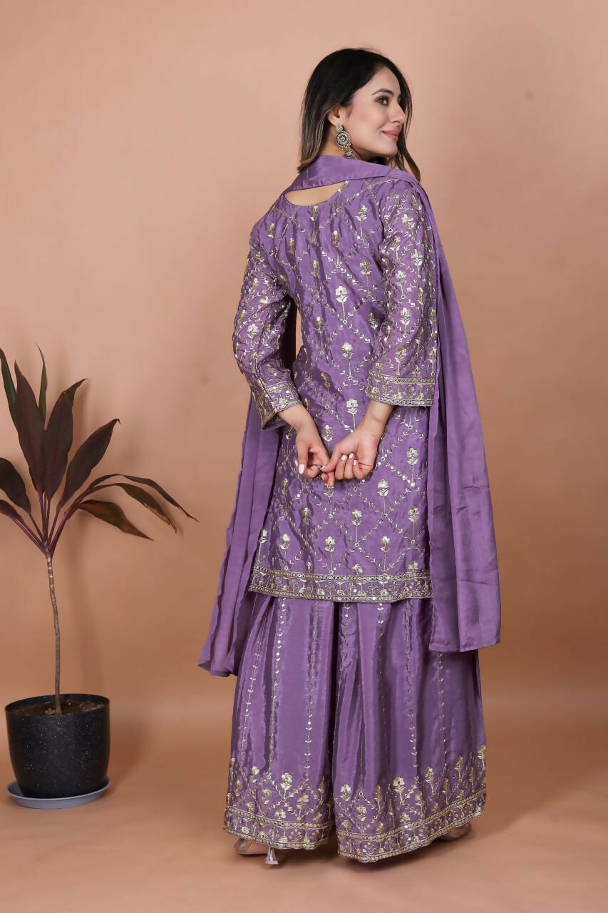 Purple Silk Embroidered Sharara Set with Kurti