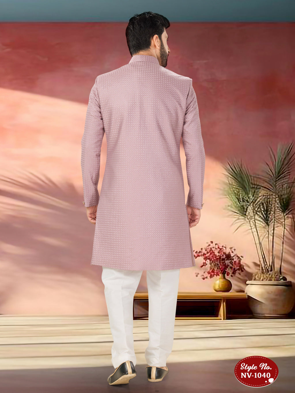 Men's Pink Straight Kurta Set with Silk Thread and Sequence Work