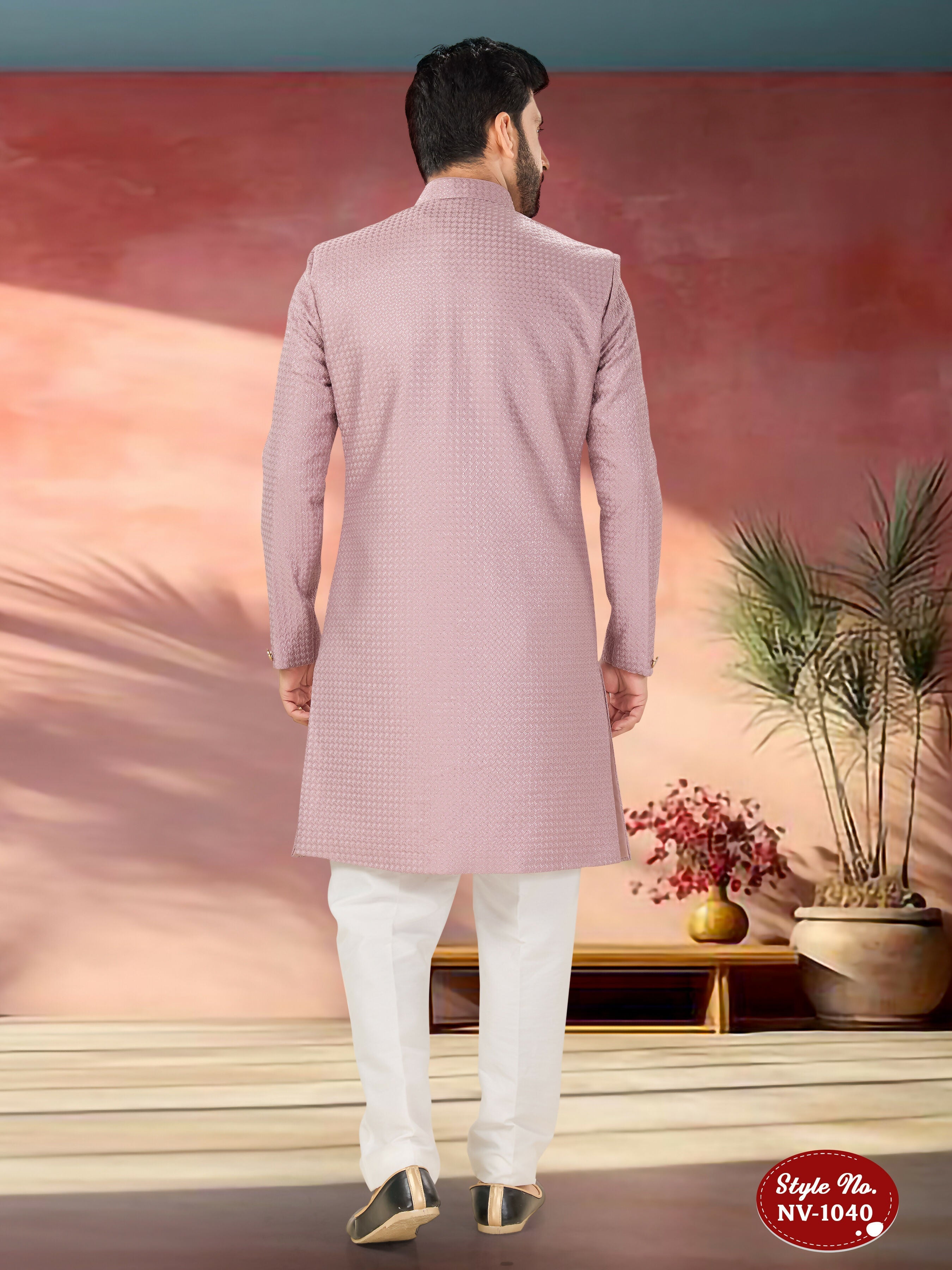 Men's Pink Straight Kurta Set with Silk Thread and Sequence Work