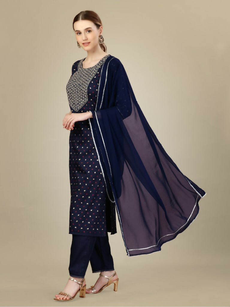 Jyoti Fashion Women's Navy Blue Silk Blend Embroidery & Sequence work Kurta with Trouser & Dupatta