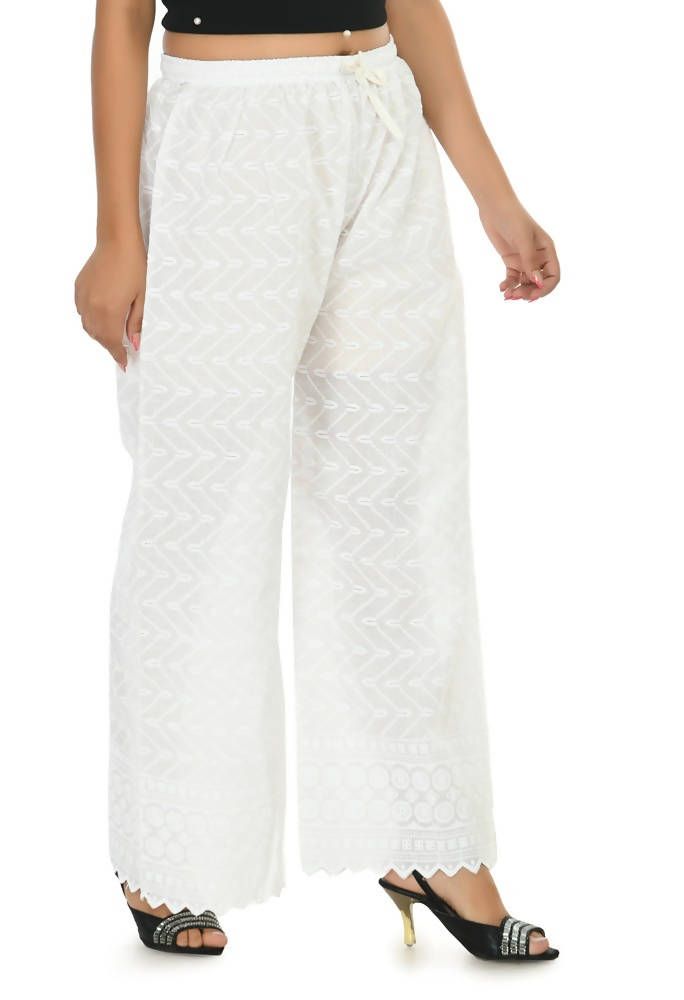 White cotton palazzo pants with detailed Chikankari embroidery and string closure