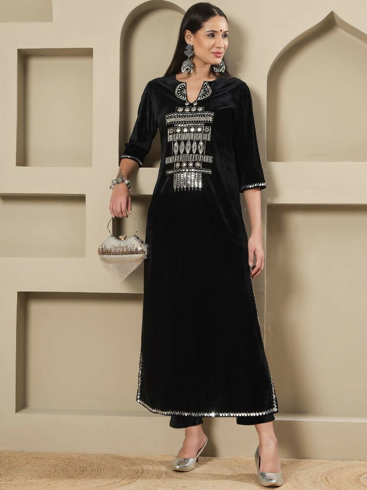 Black Velvet Kurta Set with Hand Embellishment - Stitched 2-Piece