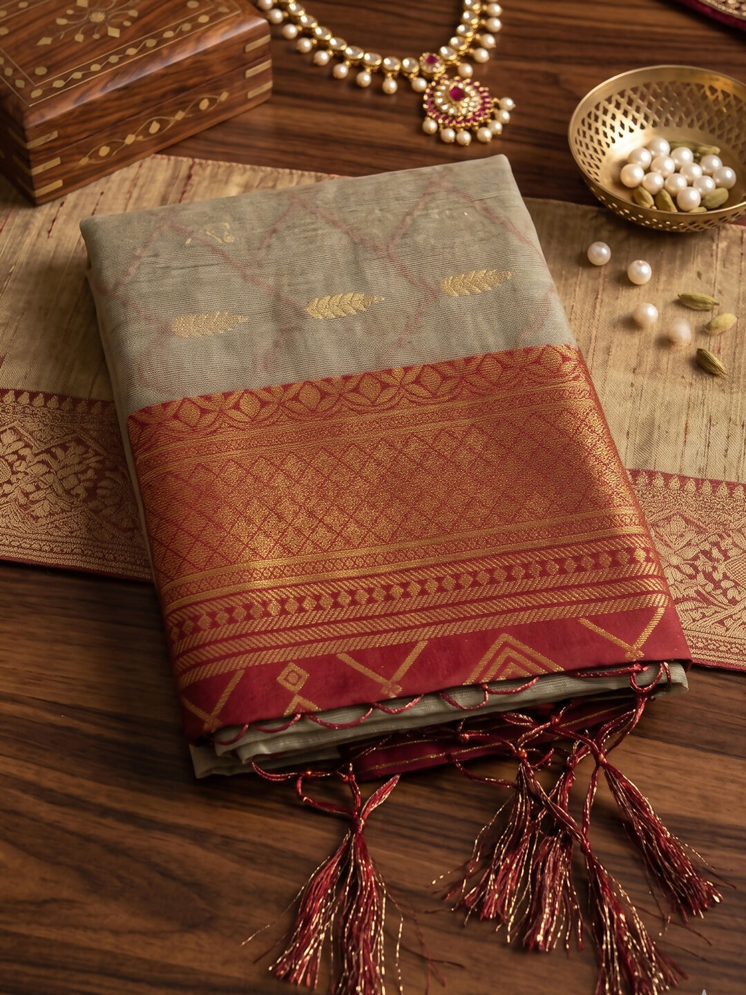 Chiku and Red Cotton Saree with Matching Cotton Blouse