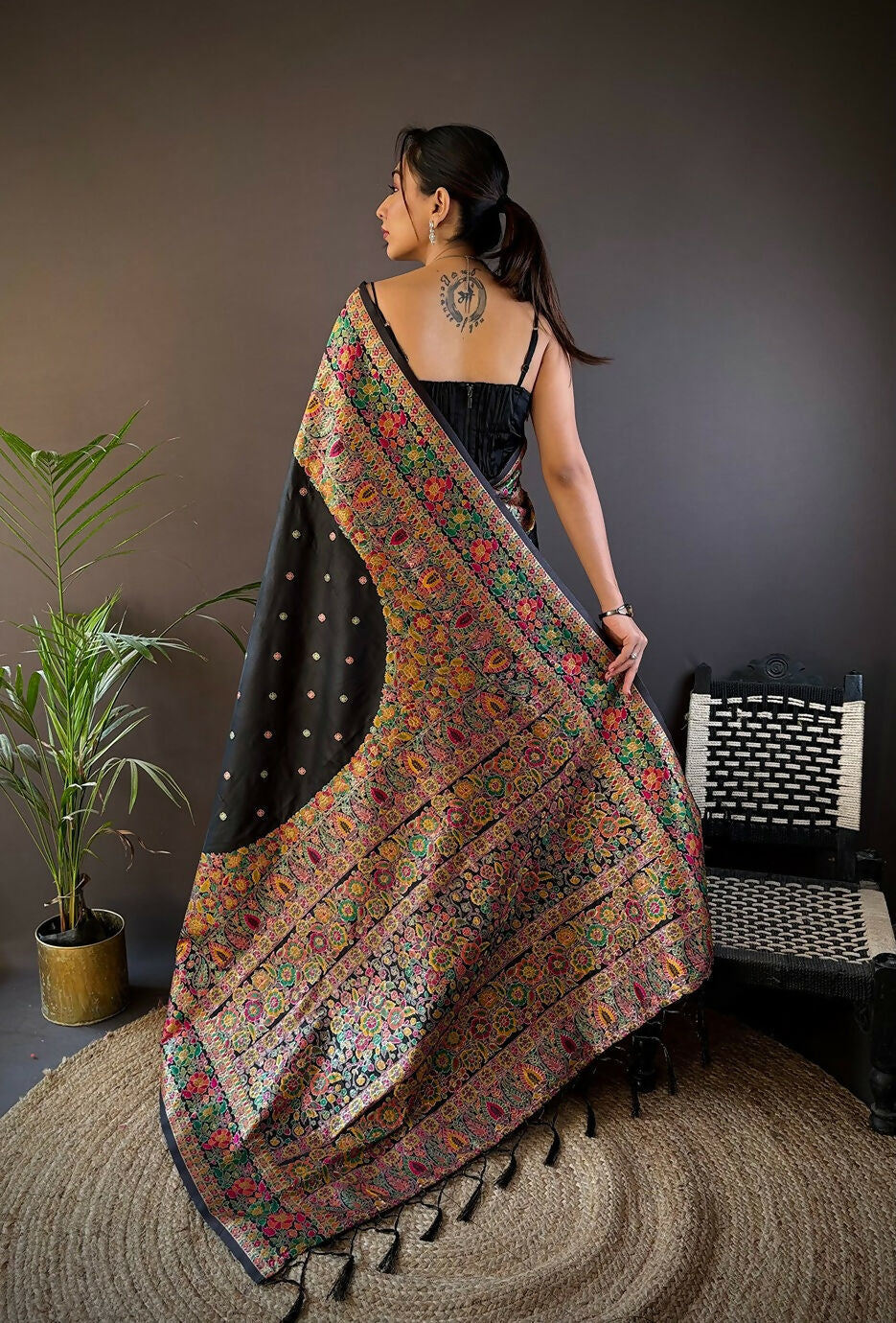 Joban Fashion Black Meena Weaves Pashmina Sarees