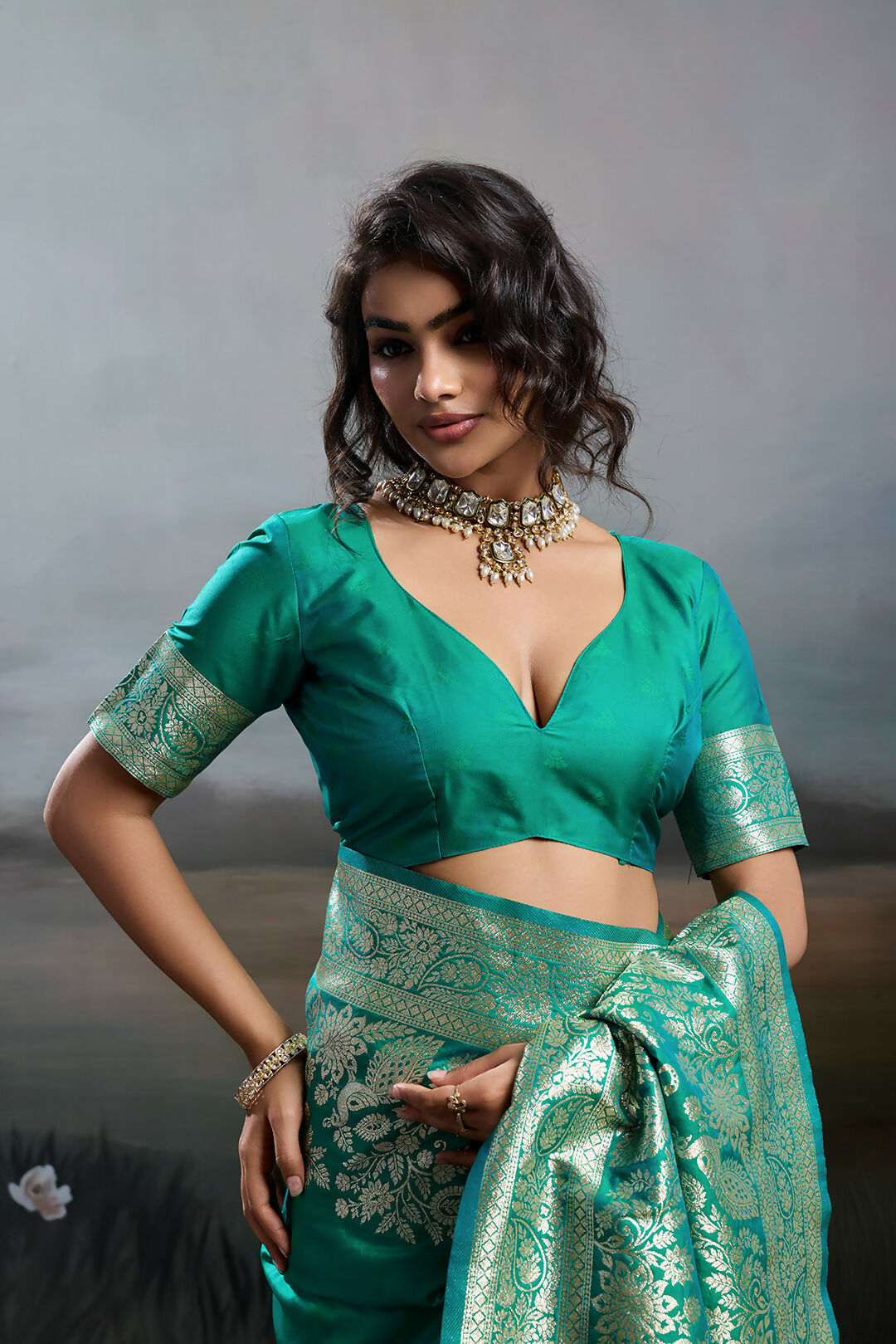 Rama Silk Blend Saree with Metallic Gold Zari Border Traditional