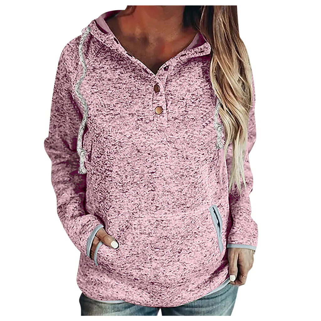 Women's Speckled Knit Hoodie with Button Placket and Pockets - Image 3