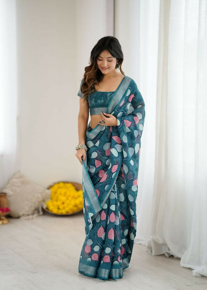 PR Fashion Morpich Linen Patta Printed Saree