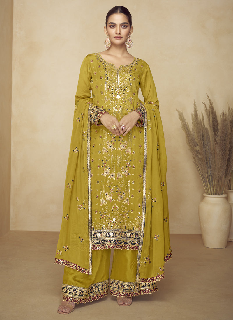 Vegaa Fashion Mustard Embroidered And Hand Work Kurta Palazzo Suit