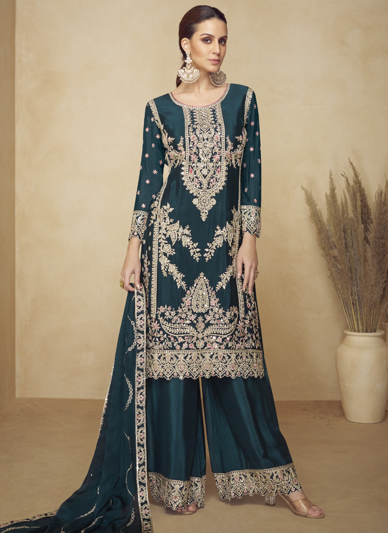 Vegaa Fashion Aqua Blue Embroidered And Hand Work Kurta Palazzo Suit