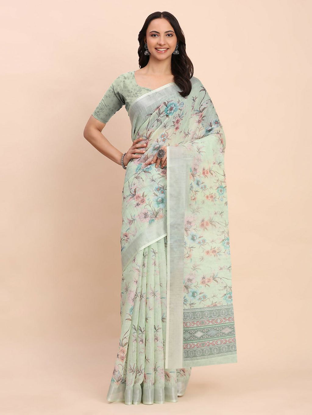 Shree Shyam Fashion Linen Cotton Light Green Saree