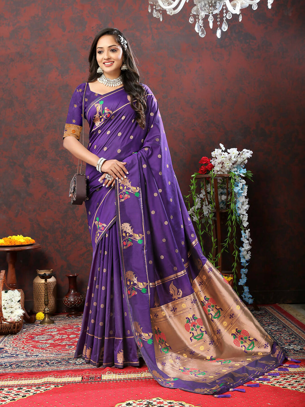 Purple Soft Paithani Silk Saree with Copper Zari Meenakari Weaving