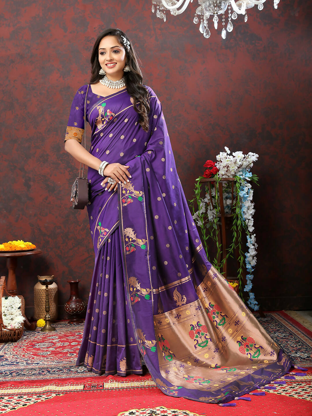 Purple Soft Paithani Silk Saree with Copper Zari Meenakari Weaving
