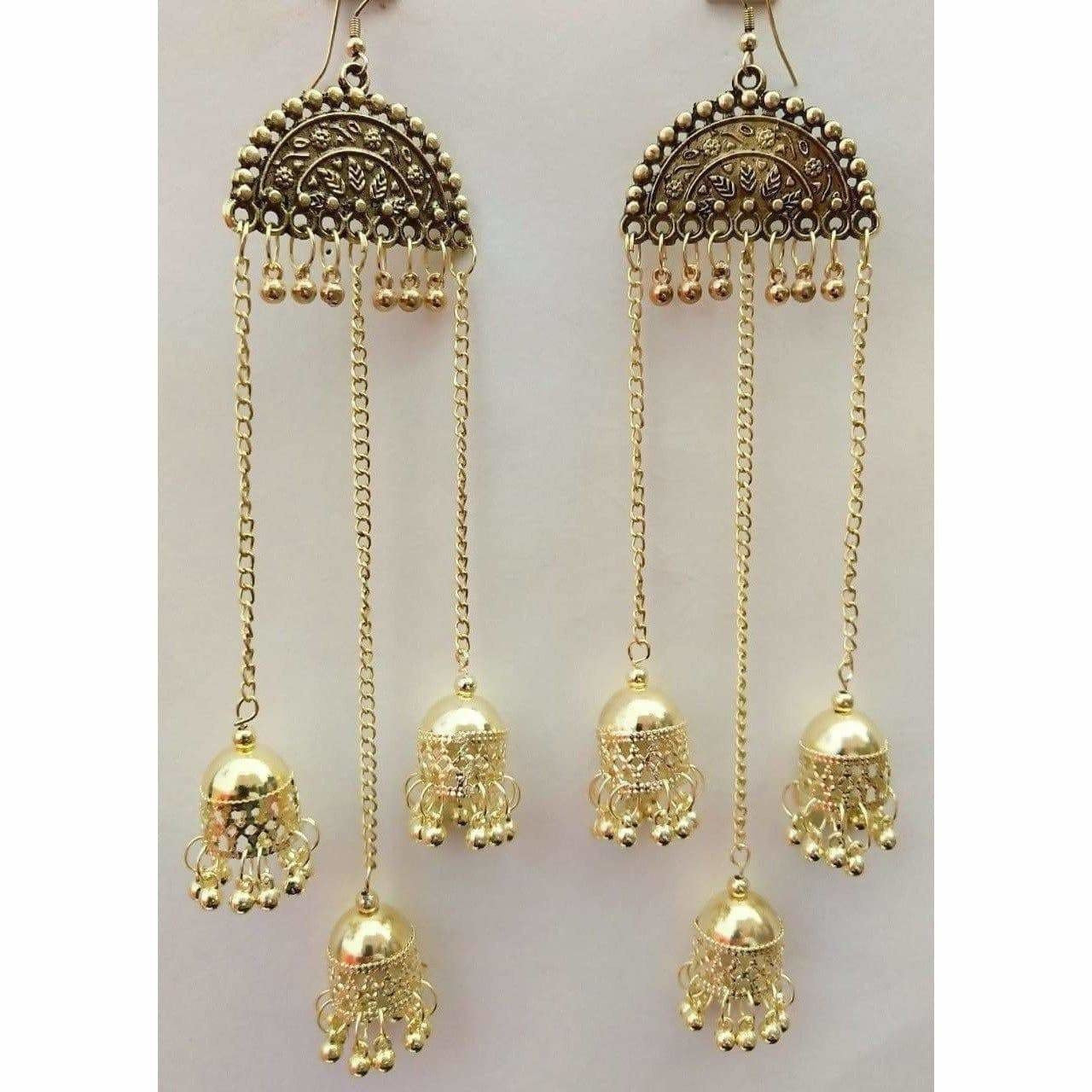Antique gold-polished Jhumka earrings for formal traditional events.