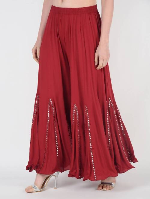 Maroon Flared Viscose Rayon Palazzo Pants with Mirror Lace Work
