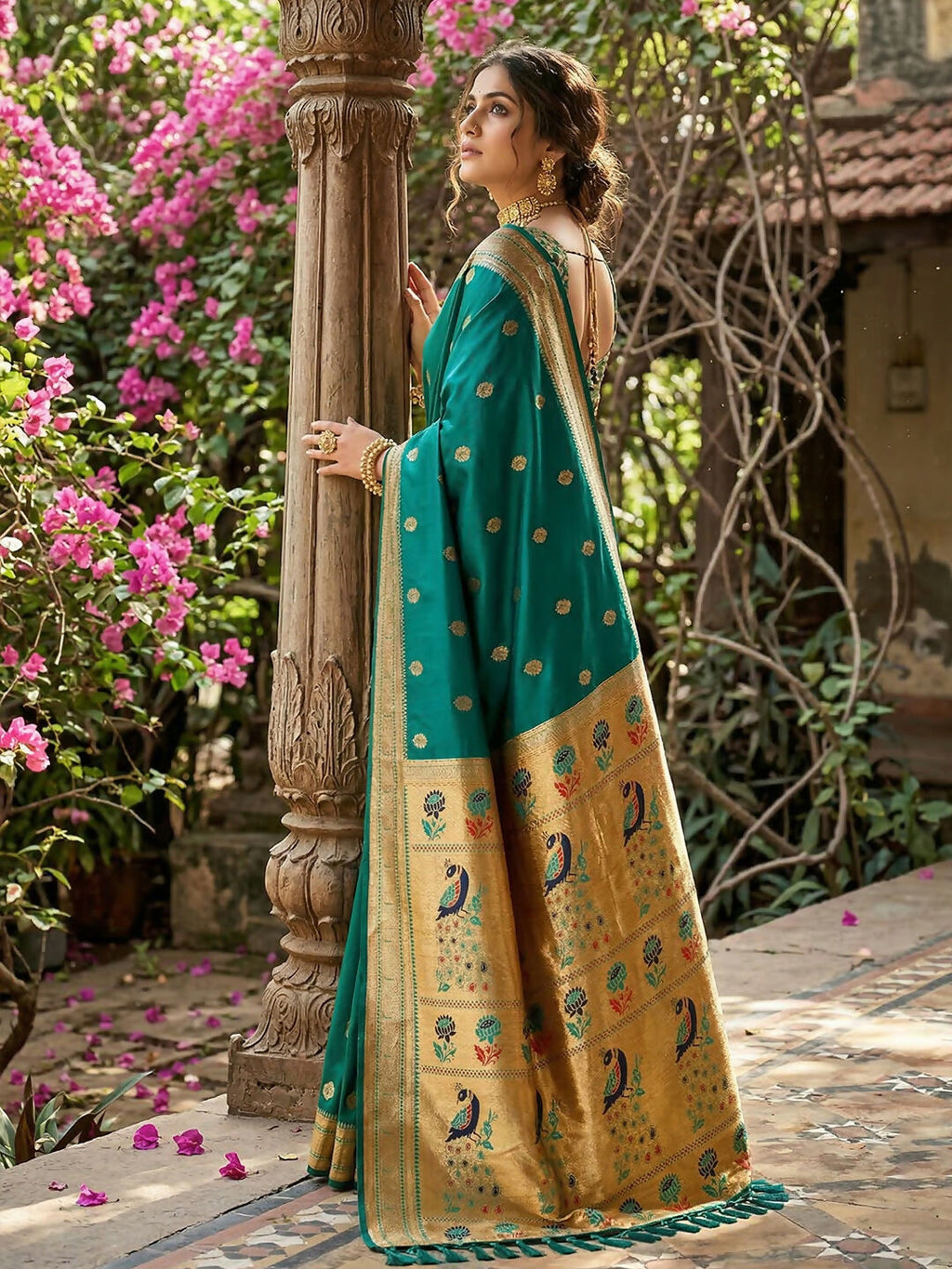 Rama Green Soft Silk Saree with Matching Blouse
