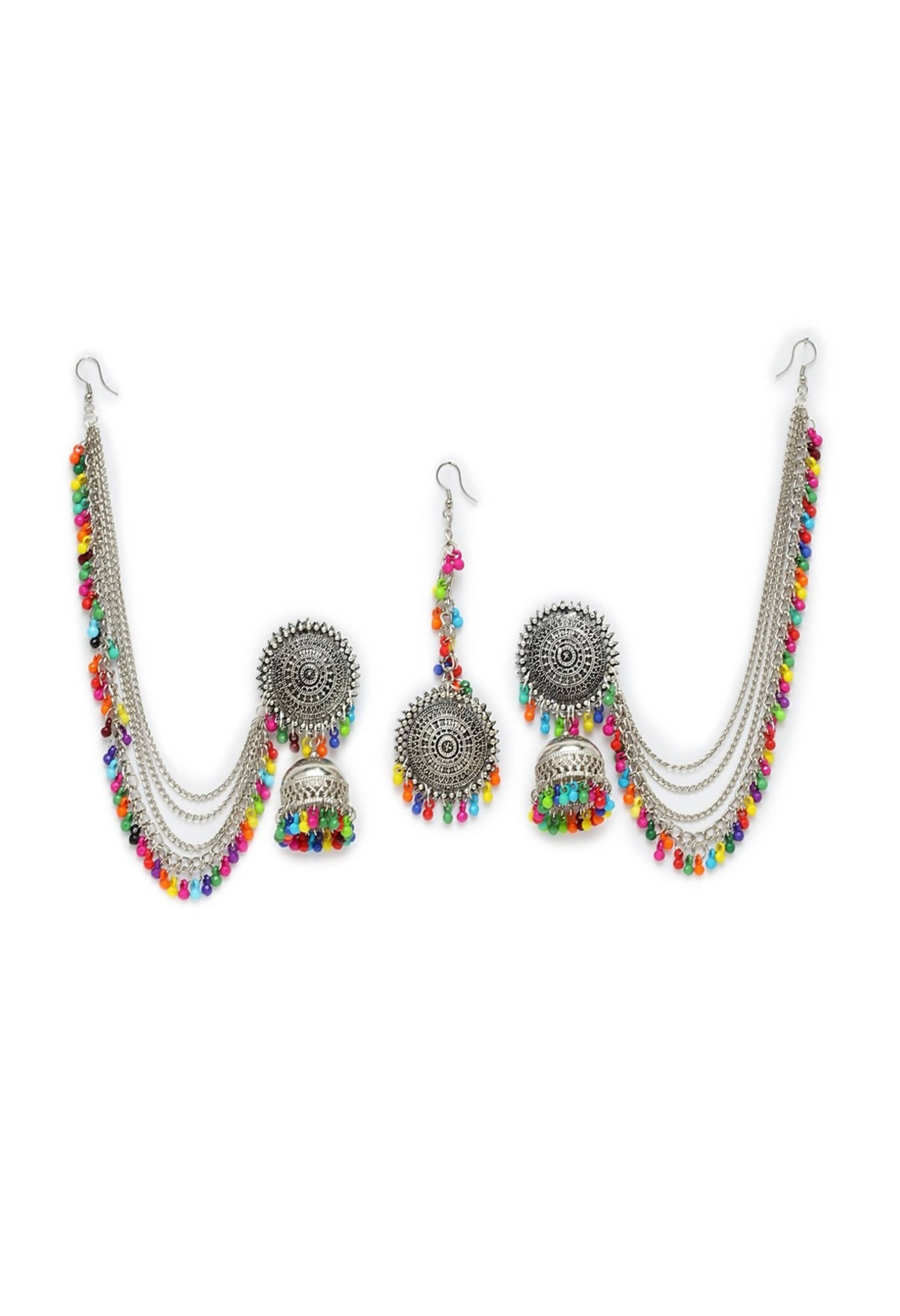 Bahubali Multi Beads Earrings with Maang Tikka - Ethnic Fusion