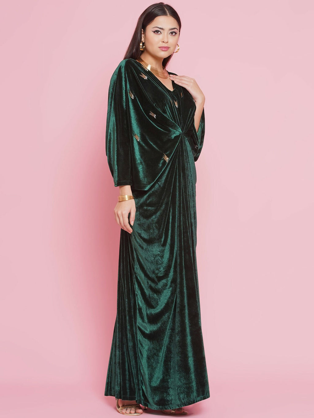 Green Velvet Hand Embellished Gown for Elegant Evening Occasions