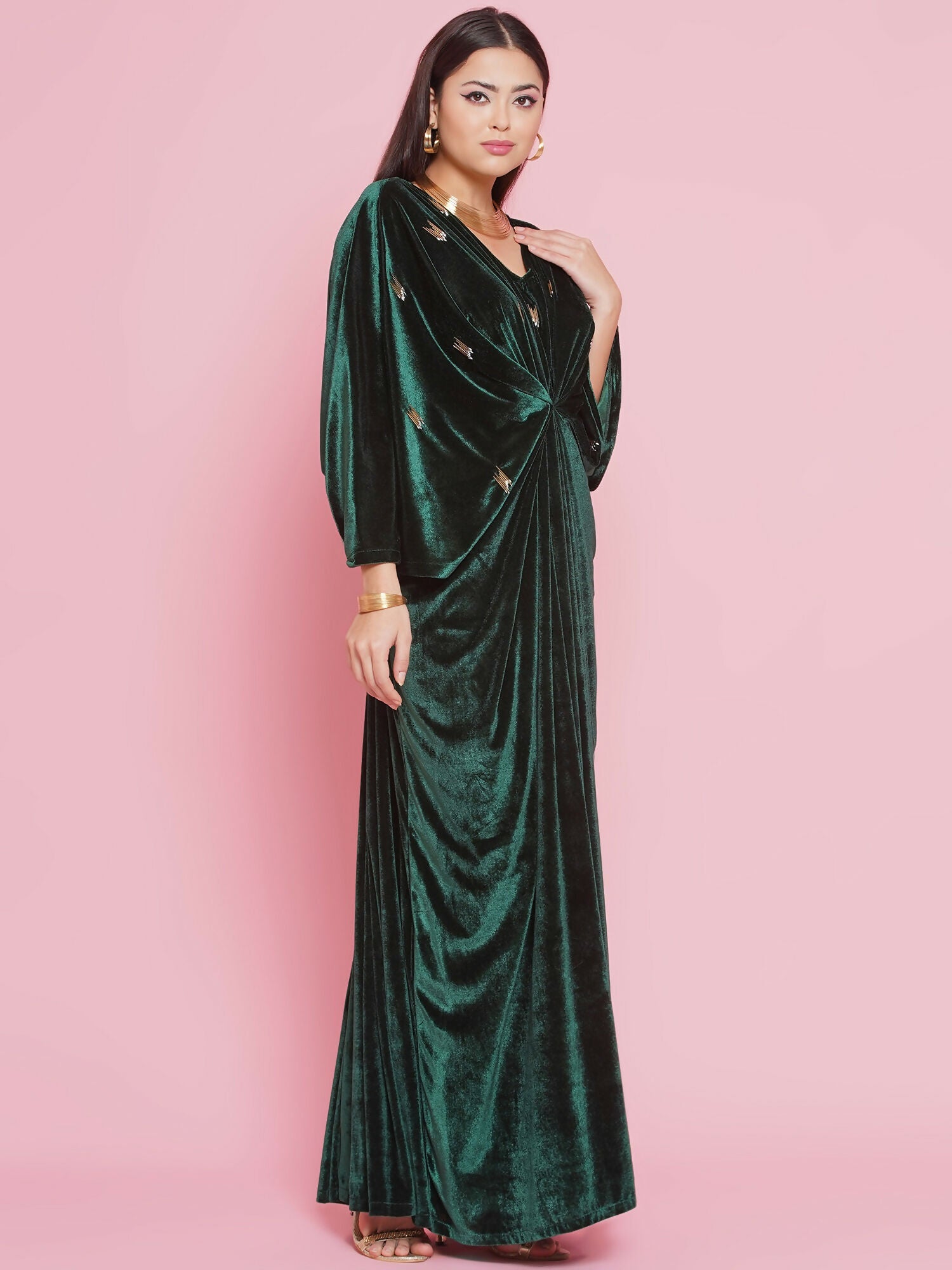 Green Velvet Hand Embellished Gown for Elegant Evening Occasions