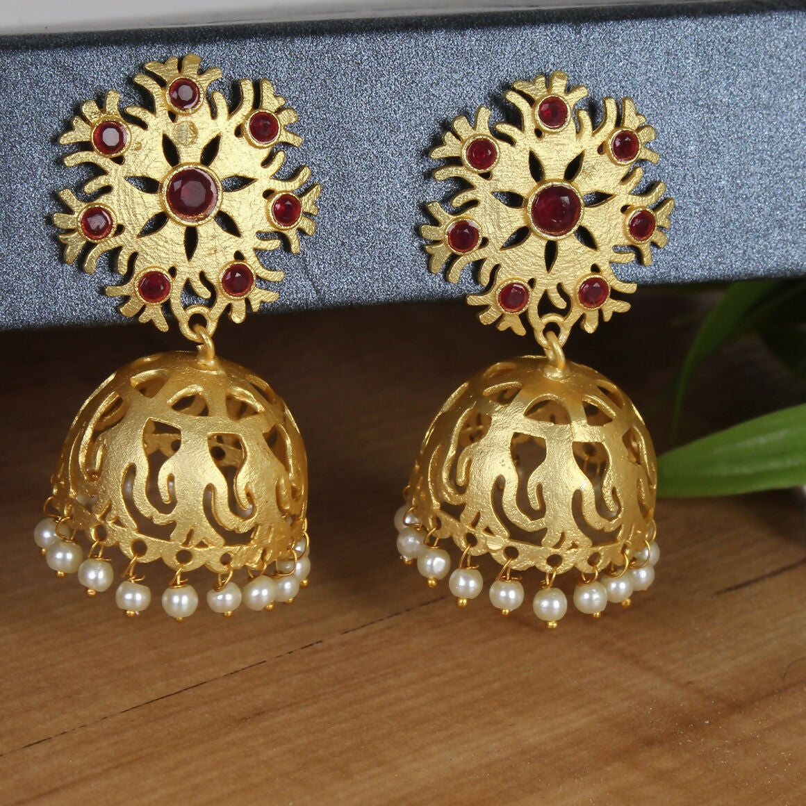 Artisan Matte Gold Brass Jhumka Earrings - Intricate Drop Design
