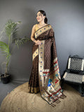 Brown Kanchipuram saree in soft lichi silk with peacock and floral motifs