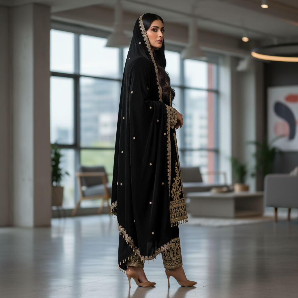 Black Velvet Embroidered Sequence Work Readymade Kurta Set