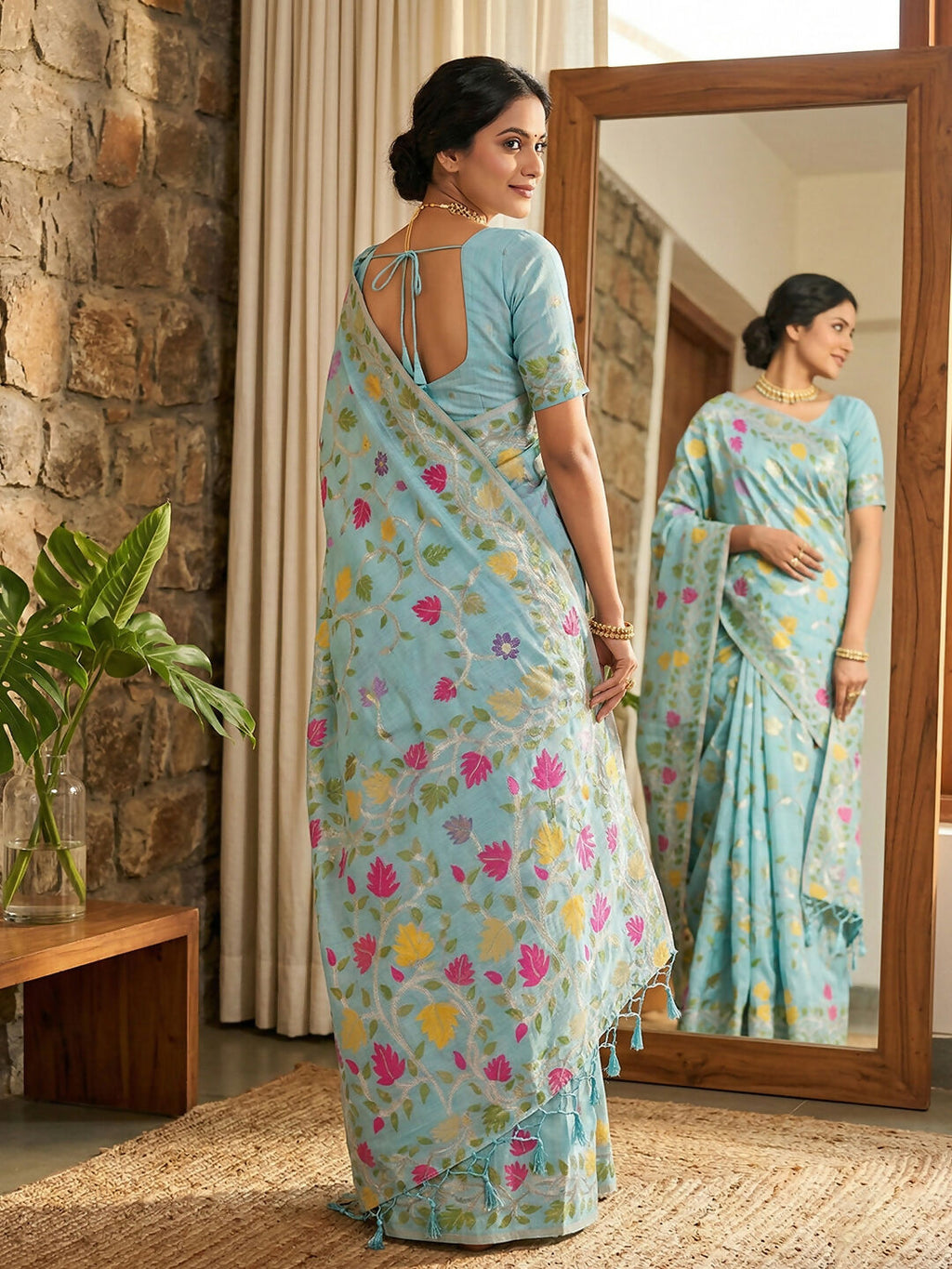 Sky Blue Linen Cotton Saree with Matching Blouse