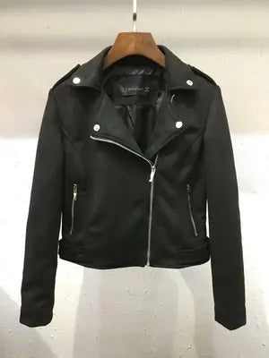 Suede Lapel Long Sleeve Zipper Detail Leather Jacket
