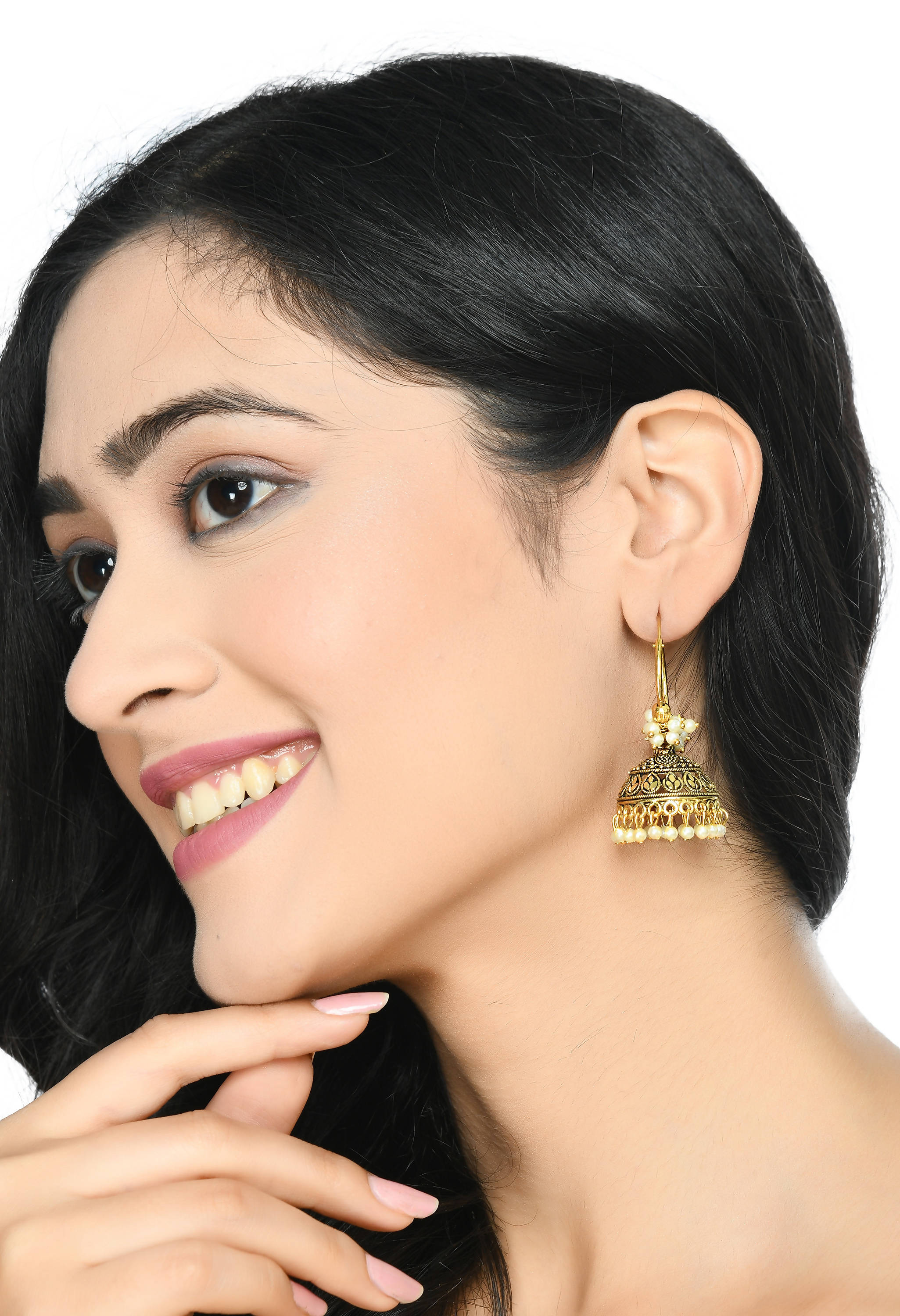 Golden Color Designer Jhumkas with White Accents