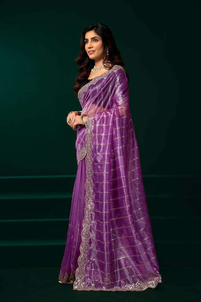 Lavender Net Party Wear Saree with Contrast Black Velvet Blouse