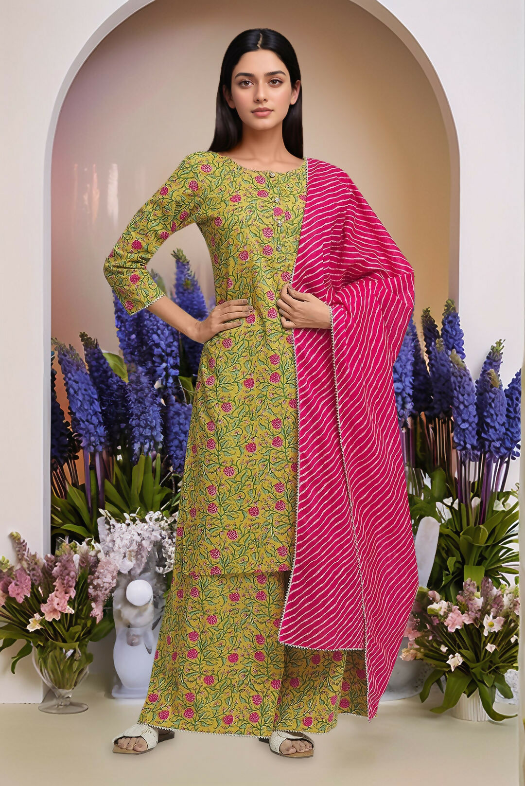 A stylish mustard yellow cotton kurta and palazzo set featuring elegant sequin work.