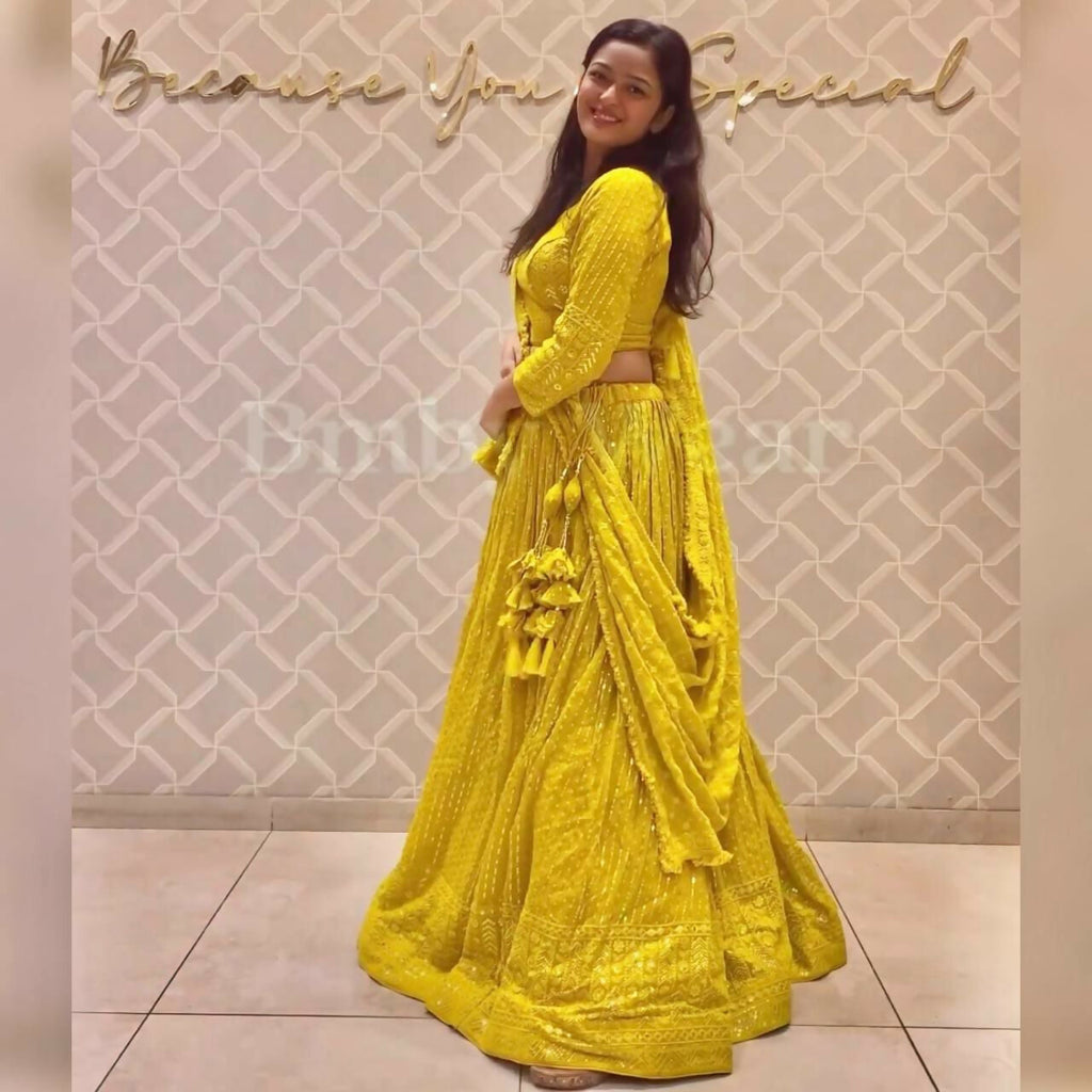 Yellow Faux Georgette 3MM Sequins Embroidered Lehenga Choli Set