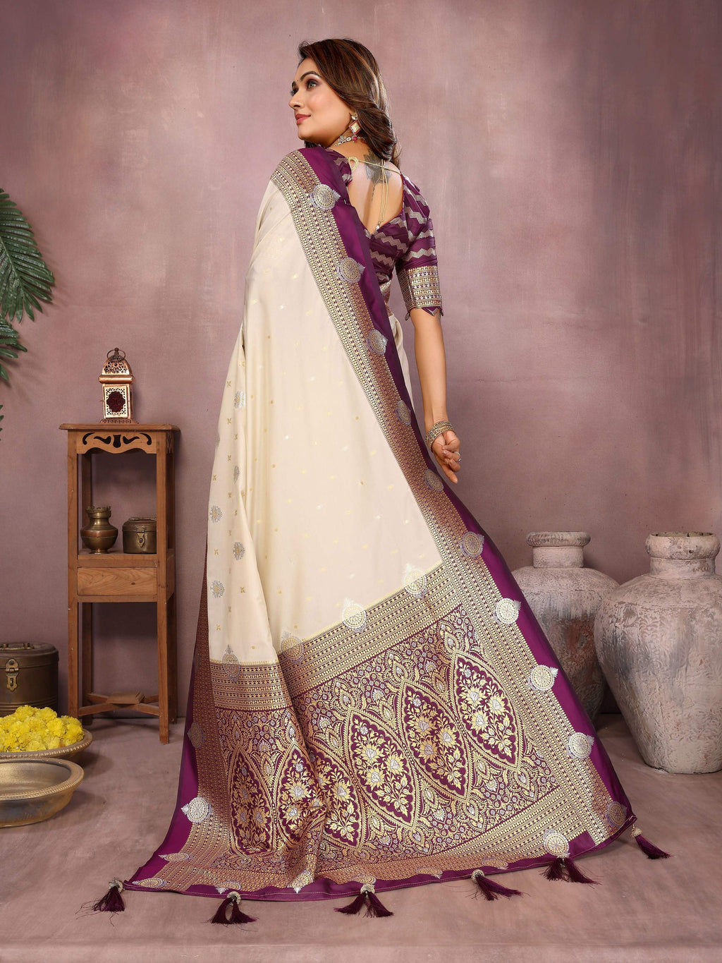 Cream Silk Weaving Saree - Elegant Traditional Drapes
