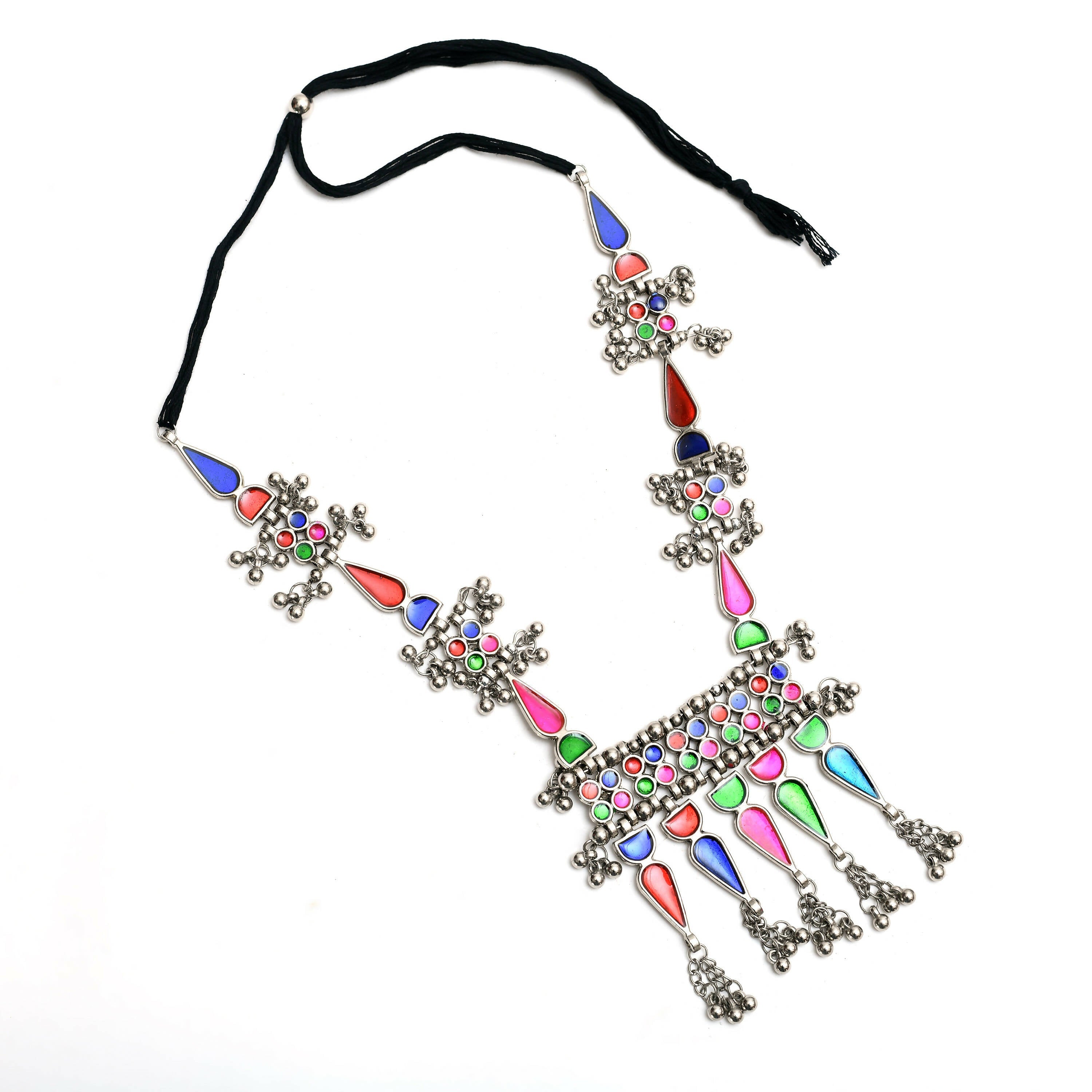 Oxidised Silver-Plated Multi-Color Meenakari Long Necklace