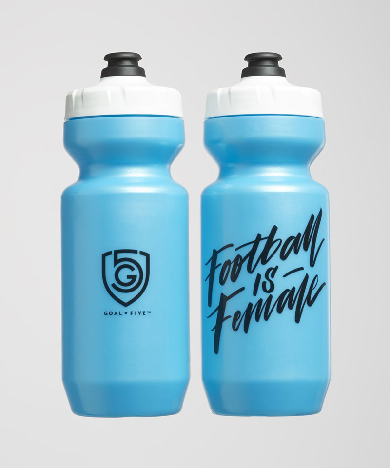 22oz ice blue water bottle with Football is Female print and white cap
