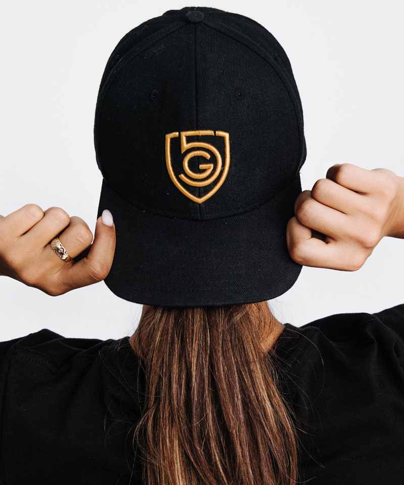 Black Flat Bill Snapback Hat with Gold Embroidery - Image 4