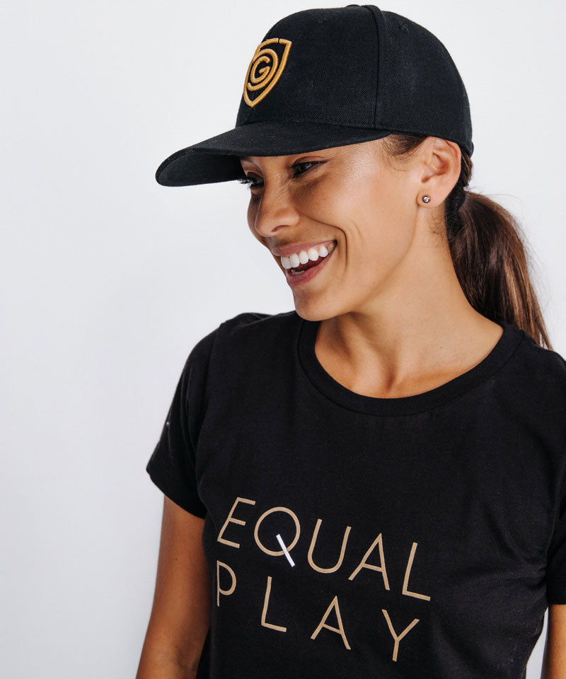 Black Flat Bill Snapback Hat with Gold Embroidery - Image 3