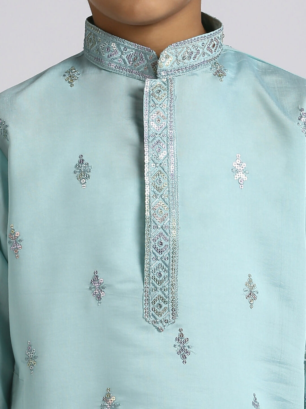 Boys Teal Blue Silk Sequence Embroidery Kurta and Pyjama Set