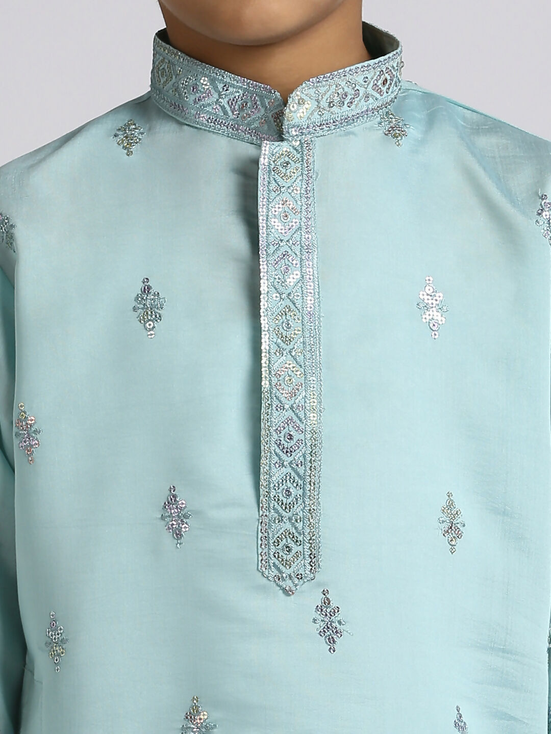 Boys Teal Blue Silk Sequence Embroidery Kurta and Pyjama Set