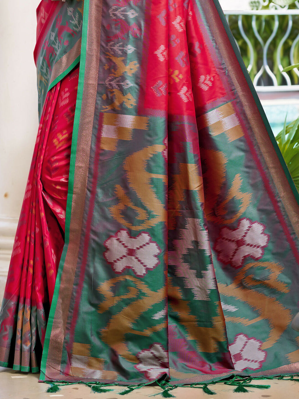Red Pochampalli Silk Saree with Rama Blouse